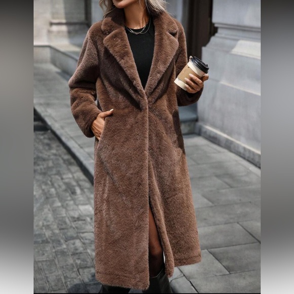Vintage style luxury faux fur coat smooth fur chocolate brown mid length - Picture 4 of 6